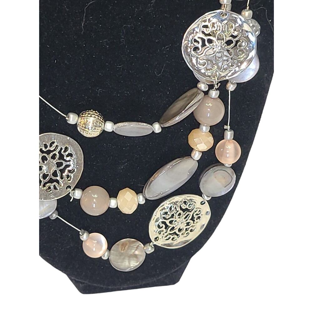 Silver Tone Gray & Pink Multi-strand Shell Crystal & Metal Bead Necklace 16"-19"
